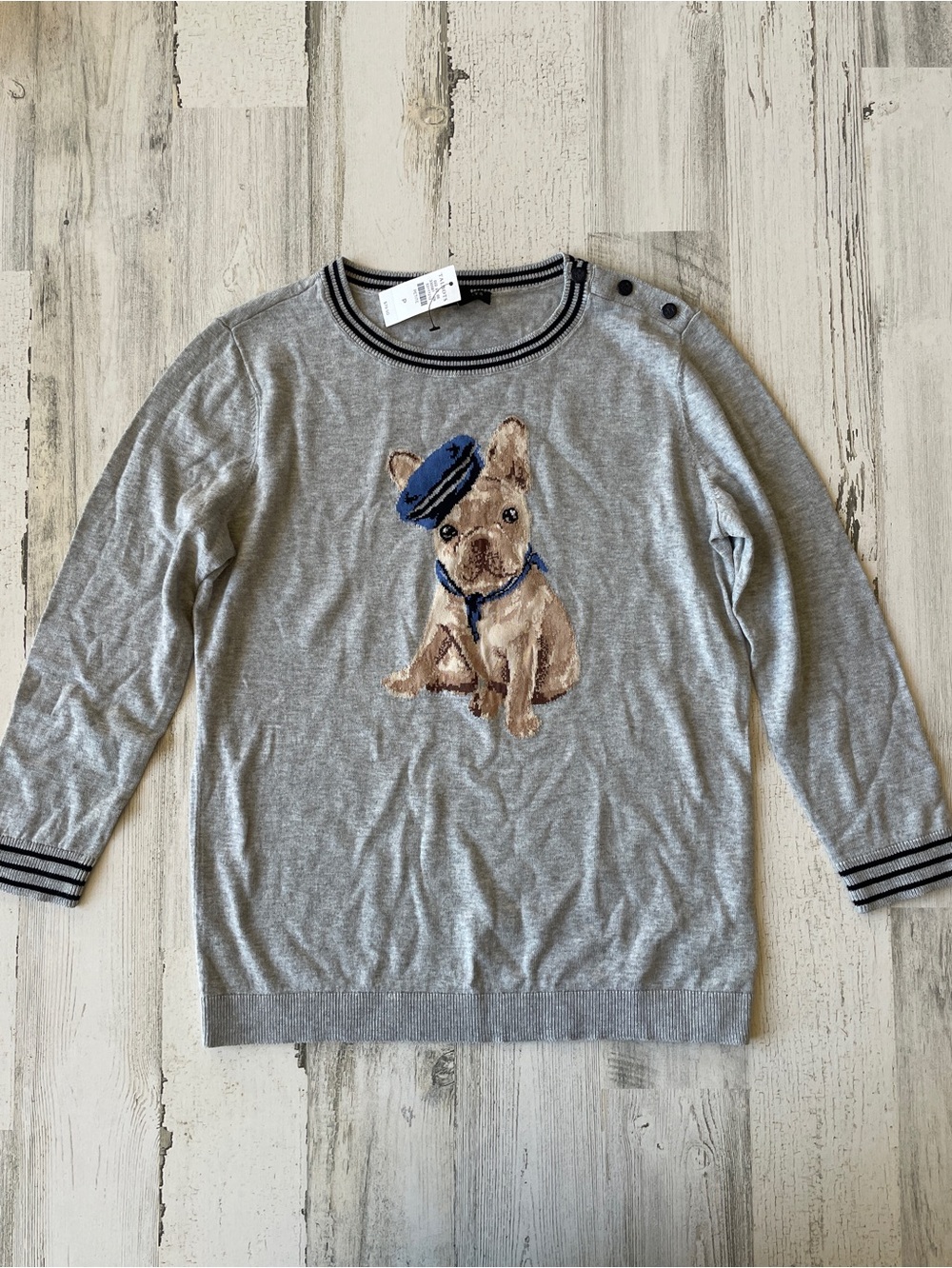 Talbots French Bulldog Beret Sweater Light Heather Gray Knit NWT $79
